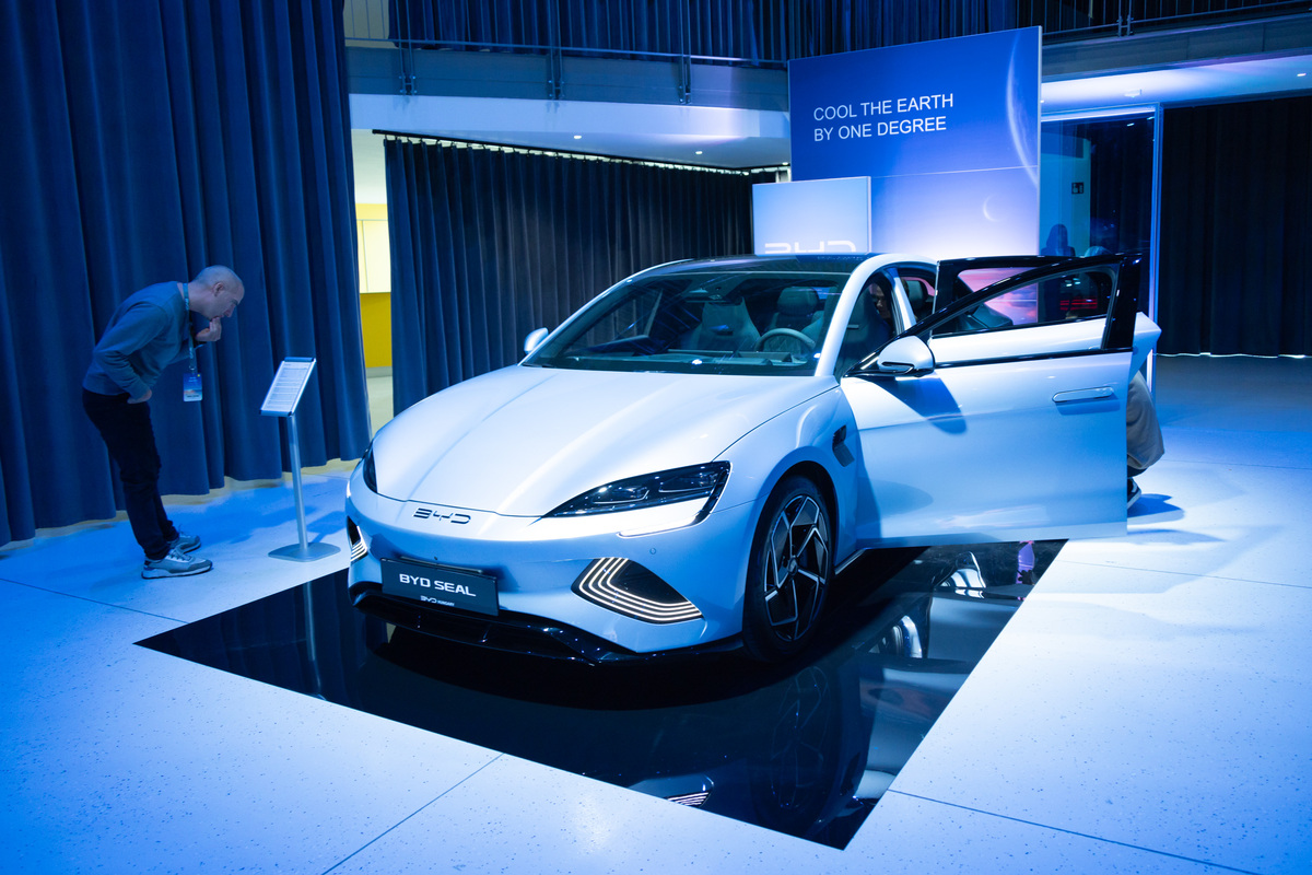 A BYD new energy vehicle on display at a showroom in Budapest, Hungary